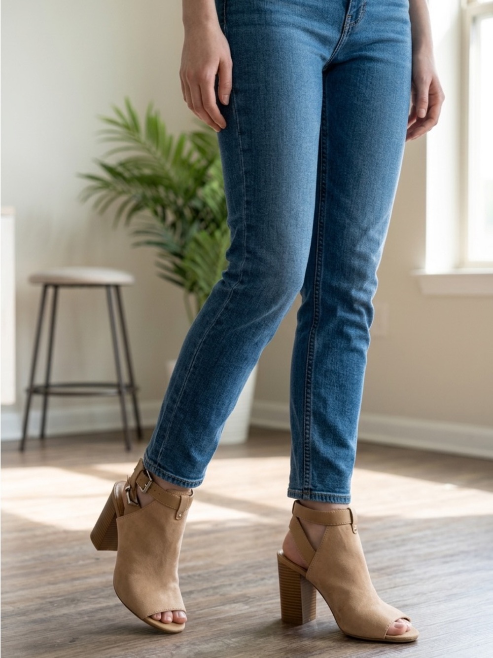 Express Beige/Tan Suede Peep-Toe Ankle Booties with Buckle